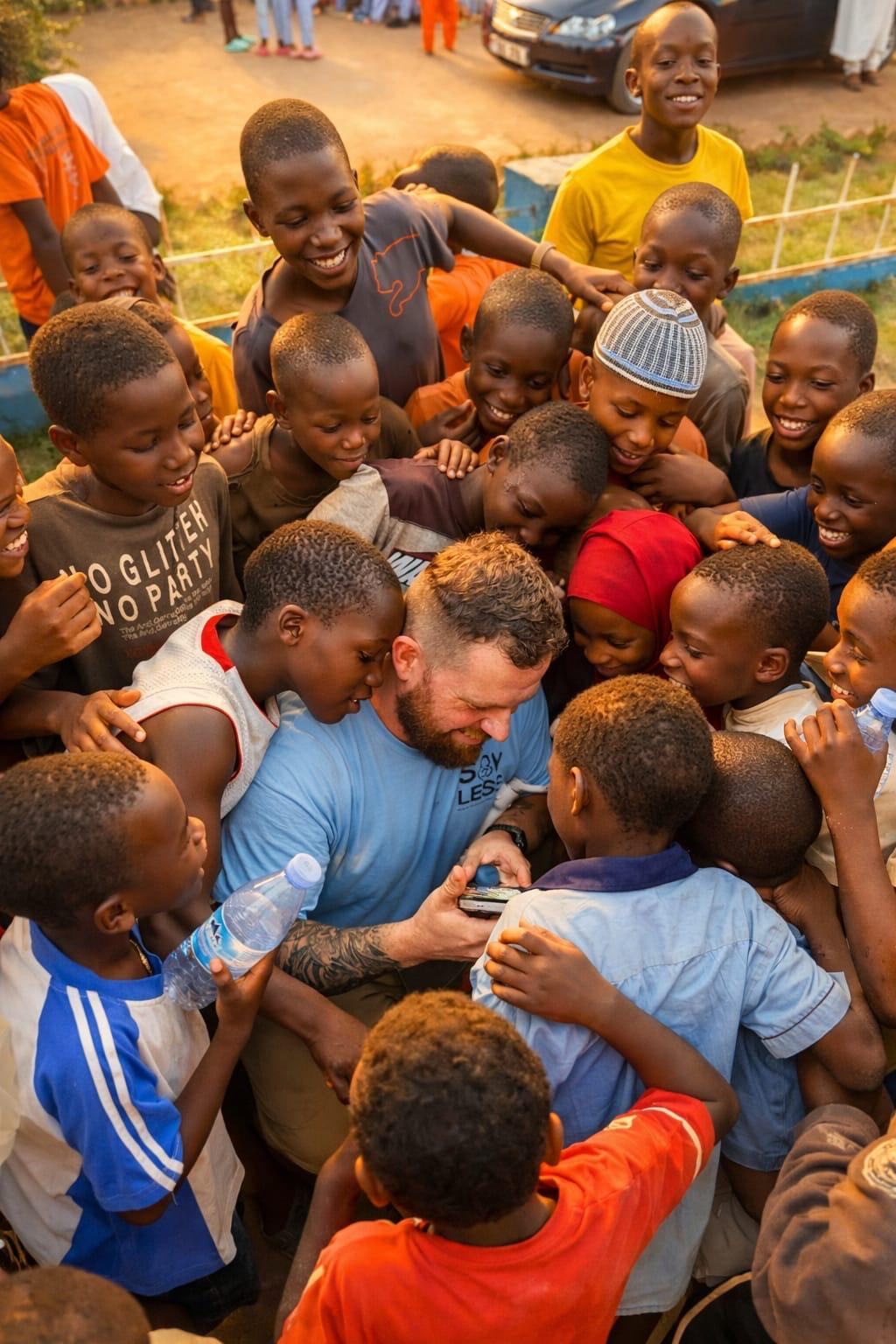 A volunteer surrounded by smiling pupils
